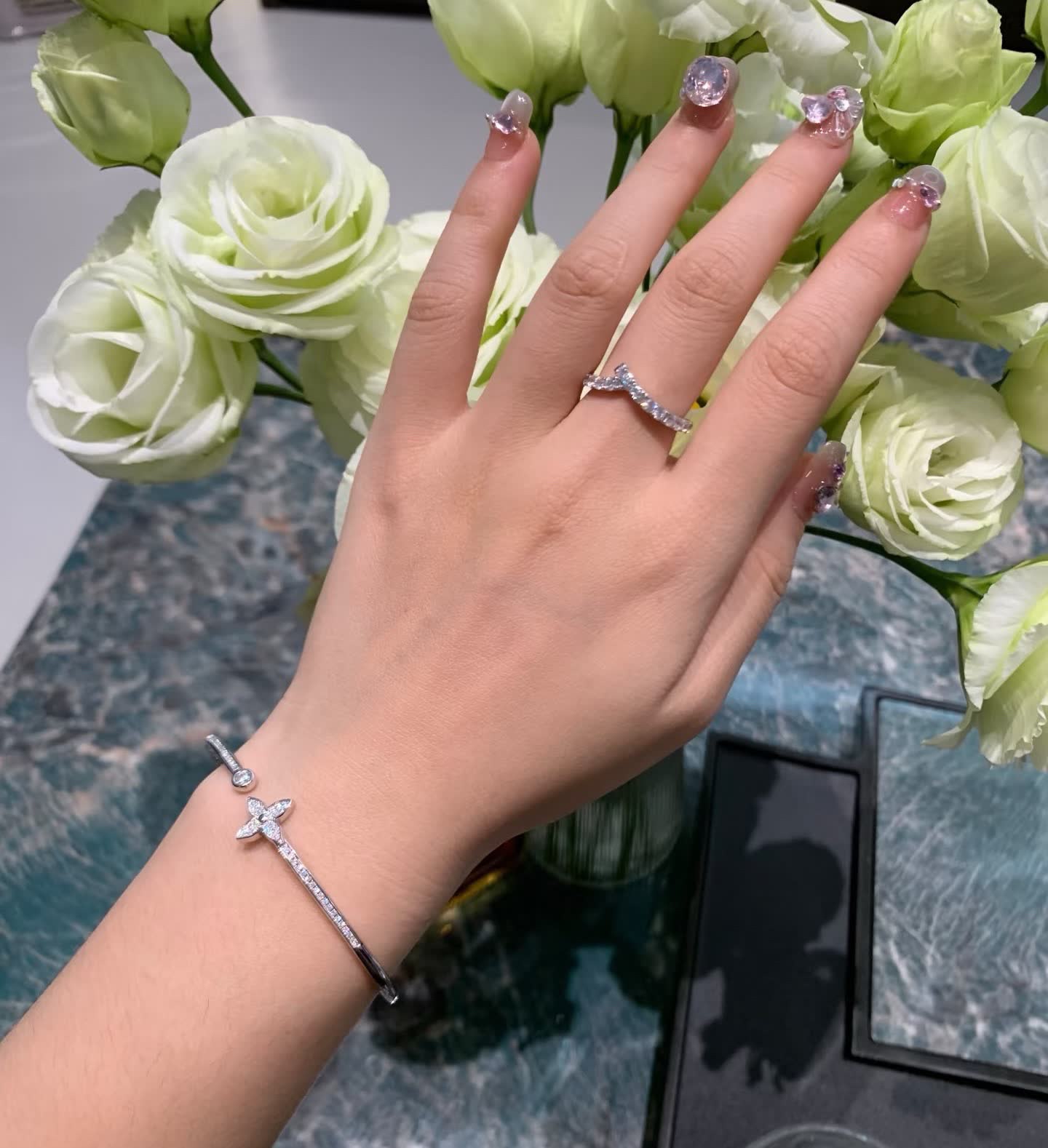 Louis Vuitton Silver Diamond Flower Cuff Bracelet